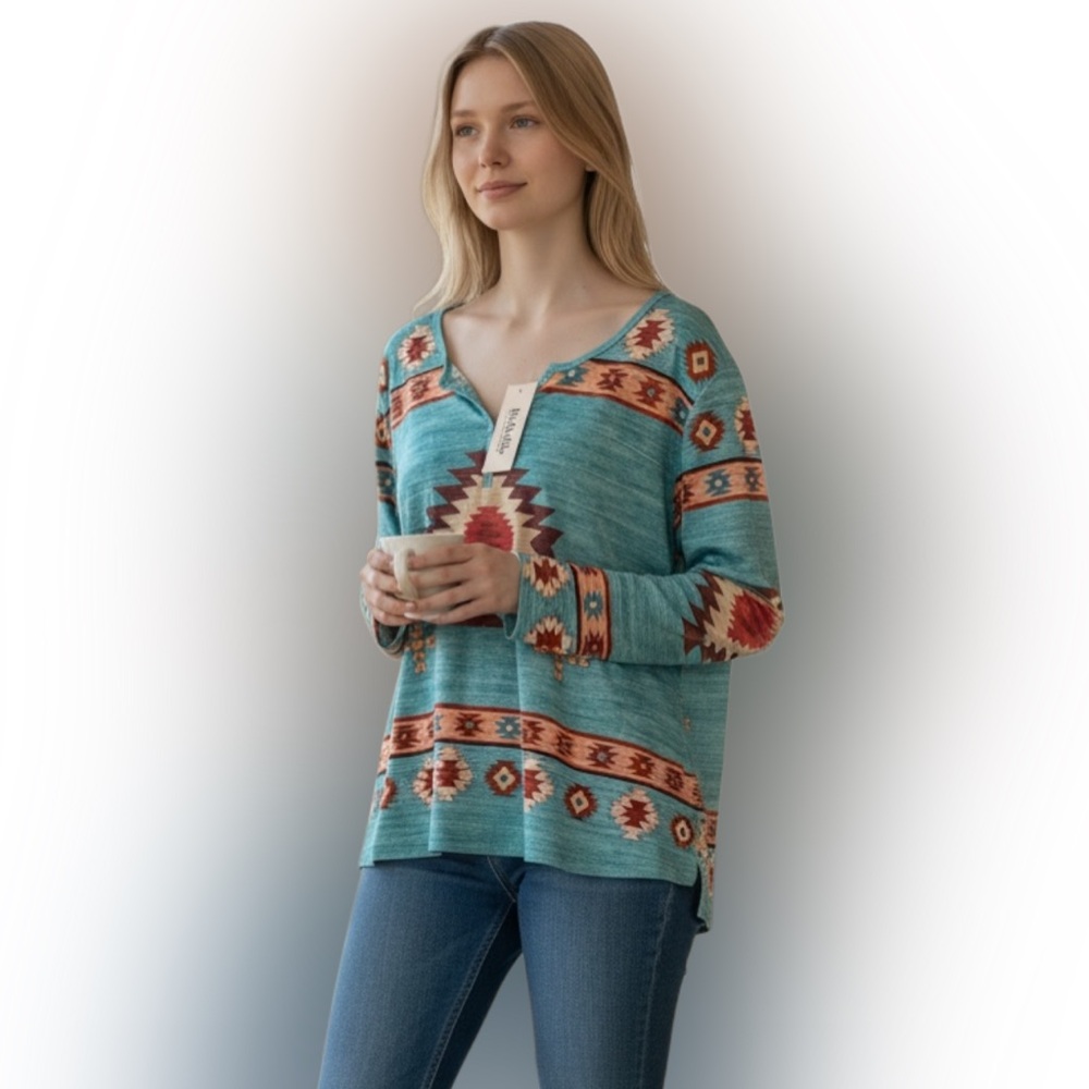 Bellelily Aztec-Inspired Long Sleeve Top in Teal and Rust